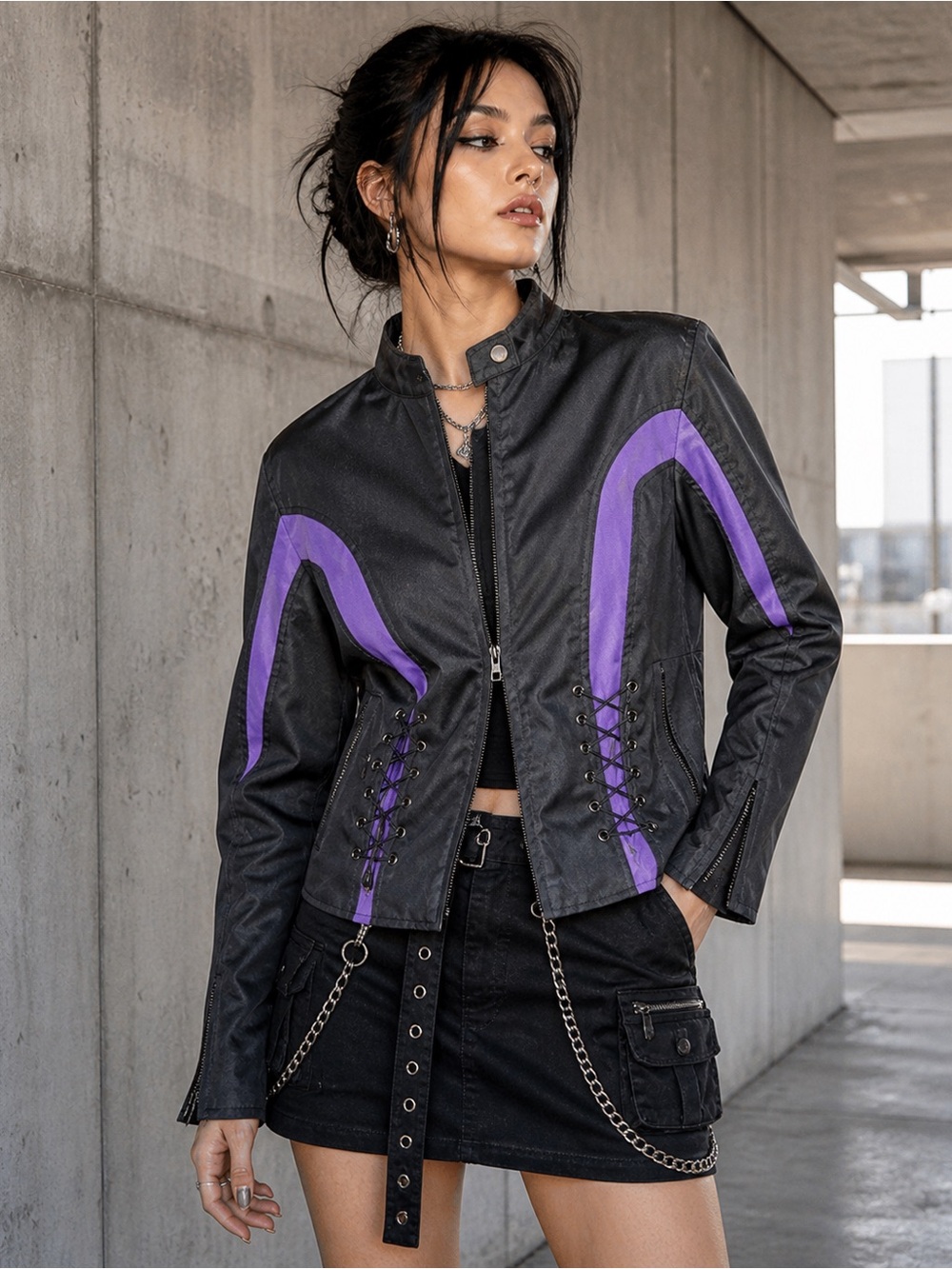 Vance Textiles Black Purple Moto Biker Jacket Lace Up Sides Y2K Cyber Large